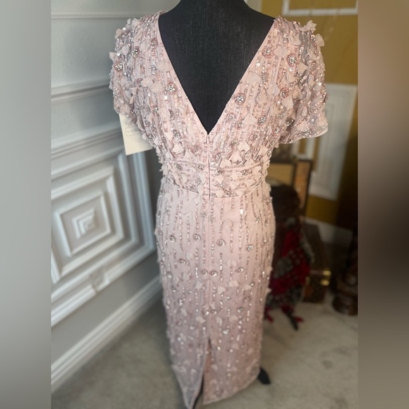 Pink Cap Sleeve Column Midi Dress With Floral Beading - Picture 10 of 10